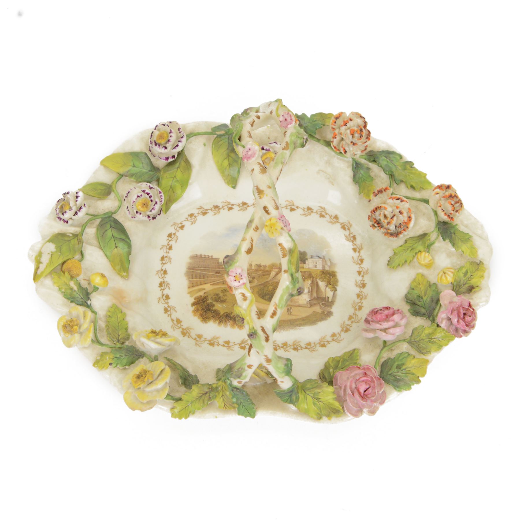 Early 19th century Rockingham porcelain basket, circa 1830, of elongated octagonal shape with gilt entwined, encrusted handle, the centre painted with a view of 'New Cemetery Liverpool', the rim encrusted and moulded with flowers and leaves, with puce Griffin mark and titled beneath, including handle H10.5cm W23cm