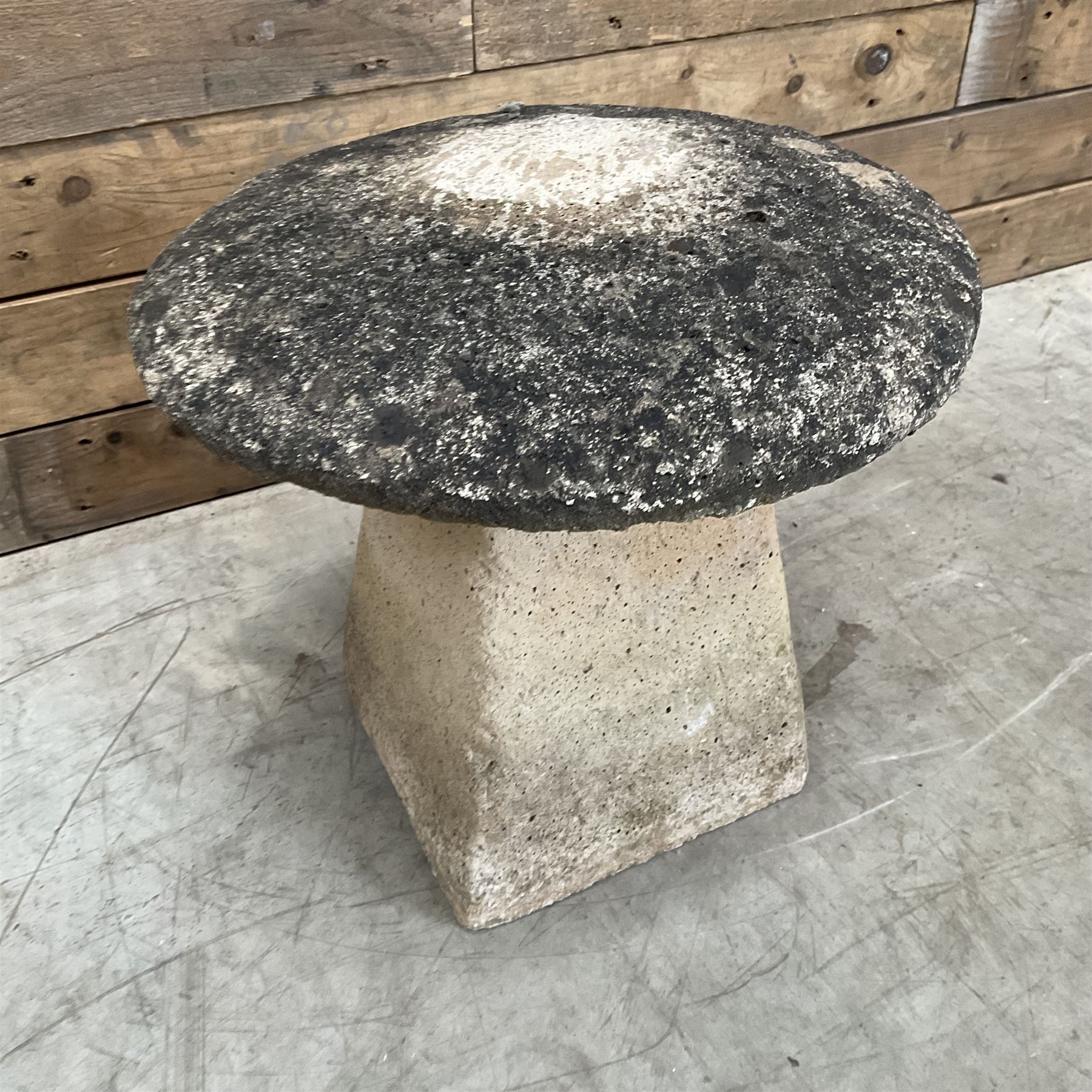 Small weathered cast stone staddle mushroom