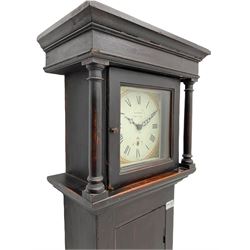 A provincial 30-hour chain driven longcase clock in an oak finished case with a flat top and wide cornice pediment, full length trunk door on a square plinth with applied skirting, an associated 8-1/4” square painted dial with Roman numerals , five-minute Arabic’s and minute markers, fan motif spandrels with non-matching steel hands, dial inscribed “Goodall, Tadcaster” and pinned directly to a 19th century four pillar countwheel movement with a recoil anchor escapement striking the hours on a bell. With pendulum and weight.  
George Goodall (II) is recorded as working in Tadcaster c. 1780-1810.
