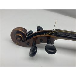 German trade violin c1900 with 35.5cm two-piece maple back and spruce top; bears label 'Made in Germany Apollo Class 6 No.2132' L59cm; in carrying case with two bows
