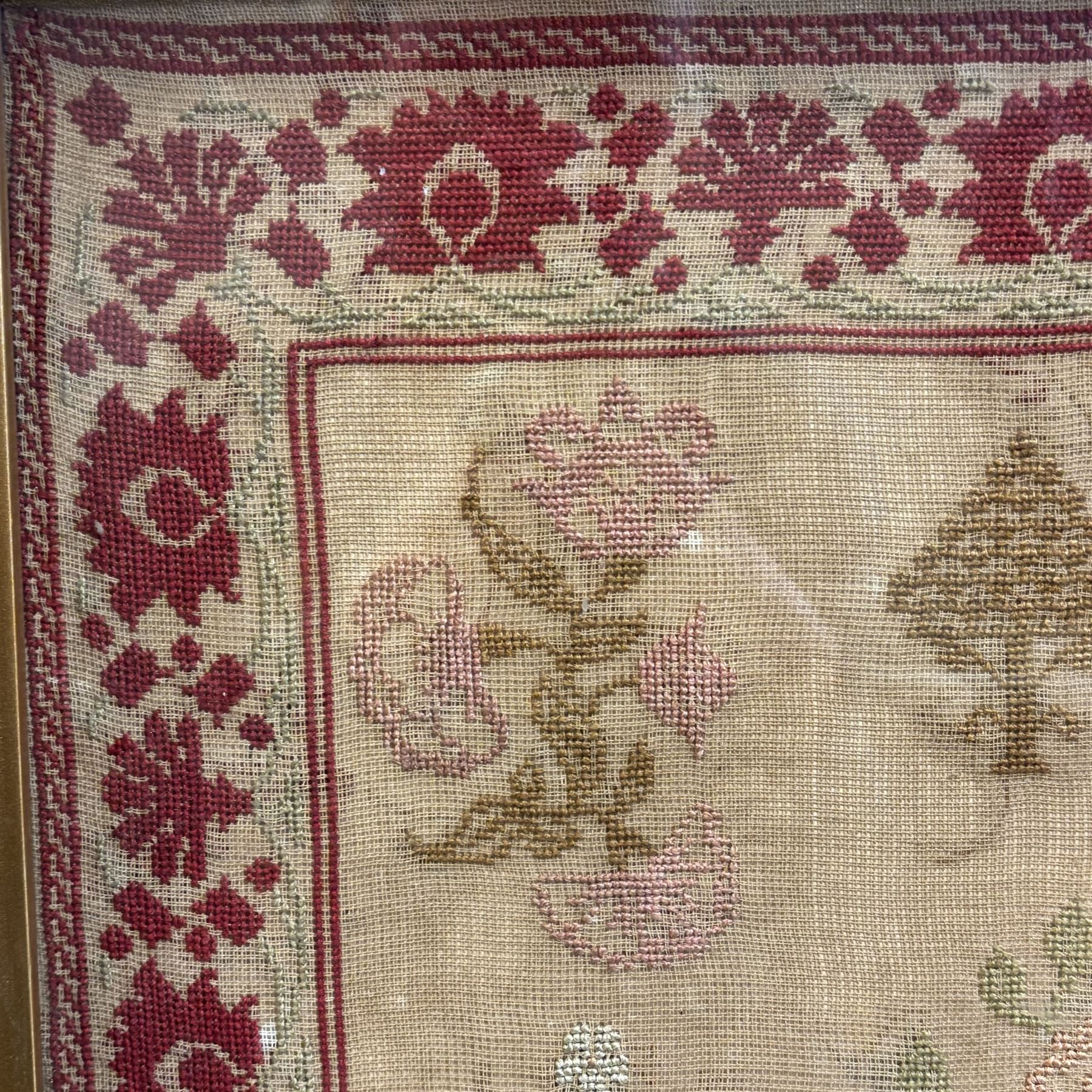 19th century sampler, worked with verse 'one by one my loved may leave me, voices sweet no more to be heard .....' beneath a flowering tree with birds perched amongst the branches, within a foliate boarder, in a gilt frame, H80cm