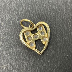 18ct gold H heart pendant, and 9ct gold jewellery including hoop earrings, chain and a cameo brooch 