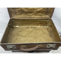 Three shooting sticks, together with four vintage leather brown suitcases of various sizes, largest suitcase H40cm L65cm 