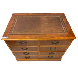 Georgian design yew wood filing cabinet, moulded rectangular top with inset leather, fitted with four cock-beaded filing drawers, on skirted base