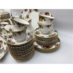 Royal Albert Old Country Roses pattern tea and part dinner service, to include teapot, two open sucriers, two jugs, thirteen cups and saucers, sixteen dessert plates, two cake plates, twelve dinner plates, sauce boat and saucer, etc (approx 114) 