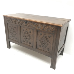 19th century oak blanket box, hinged lid, carved front panels, style supports, W113cm, H69cm, D46cm