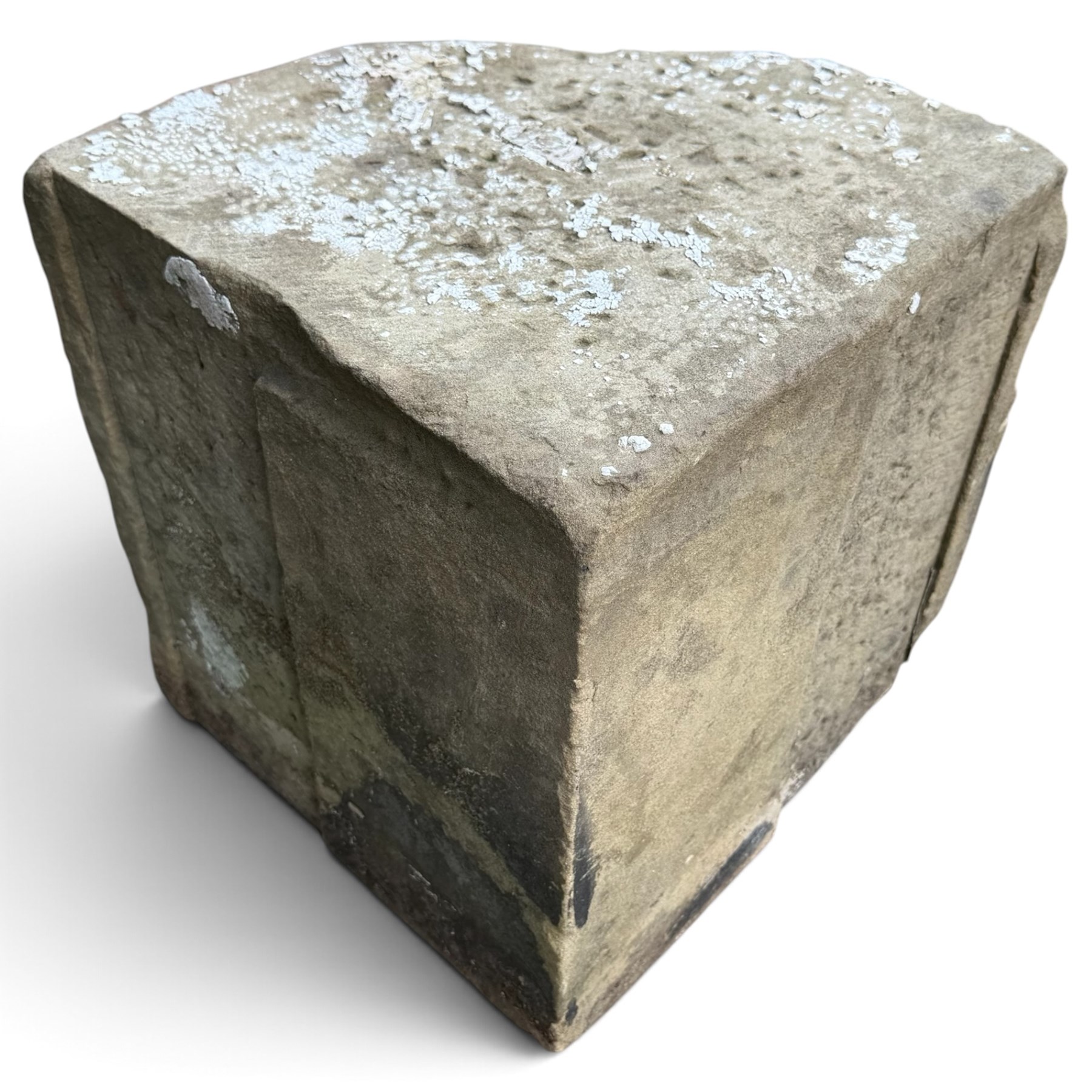 Two 18th century carved sandstone architectural elements, comprising a substantial square pedestal block with recessed panelled facias (W42cm H45cm); and a frieze fragment carved in relief with three stylised flowerheads and an undulating foliate stem (W30cm H18cm)