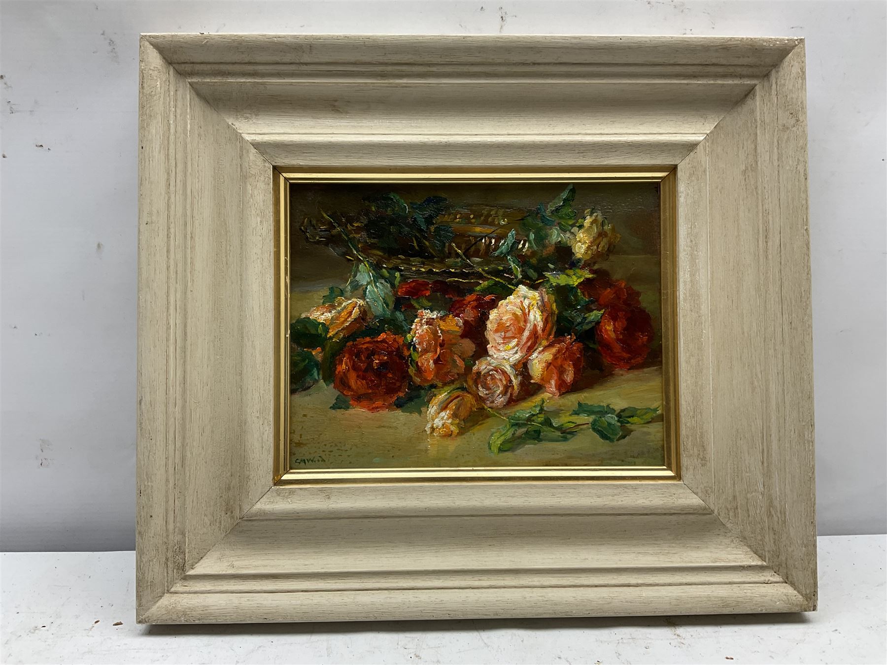 Catherine M Wood (British 1857-1939): Still Life of Roses, oil on panel signed 16cm x 22cm