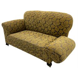 20th century drop arm two seat settee, upholstered in repeating foliate pattern fabric, staggered mechanism with metal handle