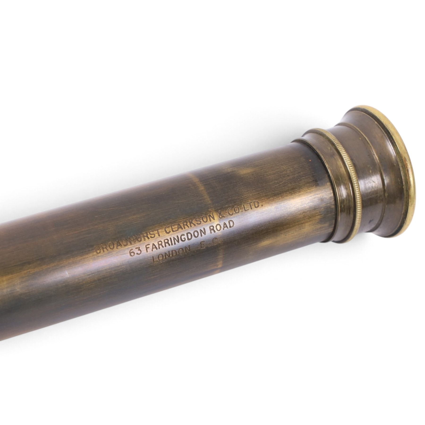 Early 20th century leather-bound three draw brass telescope by Broadhurst Clarkson & Co, 63 Farringdon Road London, full length L77cm