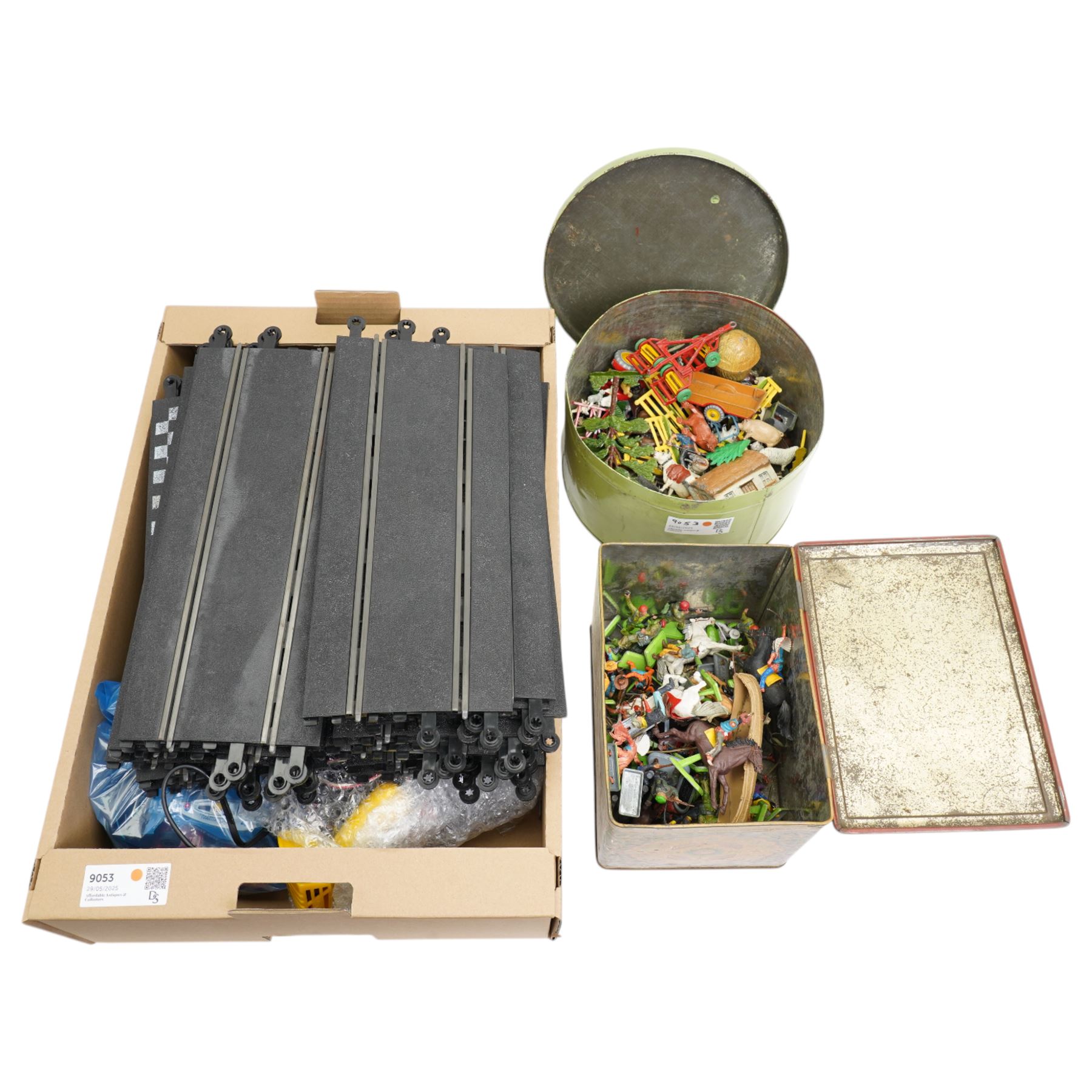 Quantity of Britains Deetail and other model soldiers, lead farm animals and a quantity of Scalextric motor racing game 