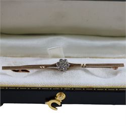 9ct gold diamond flower cluster bar brooch, stamped 9ct, together with costume jewellery to including locket, watch chain and brooch