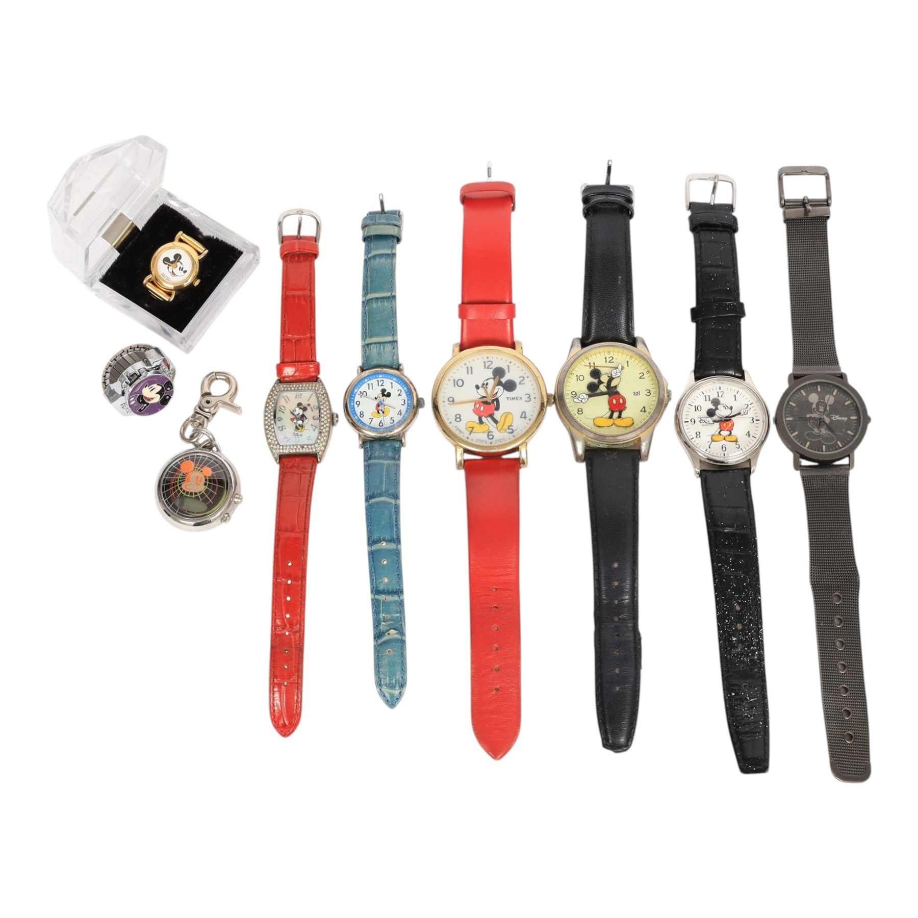 Six Disney Mickey/Minnie Mouse watches, two Mickey Mouse ring watches and a clip on stop watch