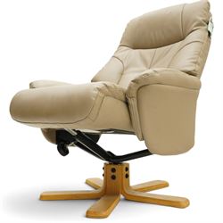 Modern beige leather upholstered swivel armchair and matching footstool, the high back and padded arms with stitched panel detail, raised on laminated beech five and four star bases