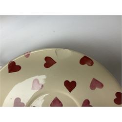Collection of Emma Bridgewater spongeware ceramics, to include Pink Hearts pattern teapot, milk bottle vase, teacup and saucers, Love & Kisses sugar shaker and large 'I love you more than Marlon Brando' mug, British Birds and Black and White pattern mugs, etc, all with printed marks beneath, tallest H21.5cm