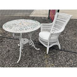 White painted, cast aluminium bistro table, and wicker painted chair - THIS LOT IS TO BE COLLECTED BY APPOINTMENT FROM DUGGLEBY STORAGE, GREAT HILL, EASTFIELD, SCARBOROUGH, YO11 3TX