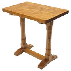 Rabbitman - oak side table, lightly adzed rectangular top, on a twin pillar base, with car...