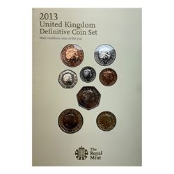 Six The Royal Mint United Kingdom uncirculated coins or sets, comprising  2008 'Queen Elizabeth I' five pounds, 2010 twelve coins, 2012 'Definitive' eight coins, 2013 'Definitive' eight coins, 2014 'Definitive' eight coins and 2015 'The Fourth Circulating Coinage Portrait Final Edition' eight coins, all in card folders