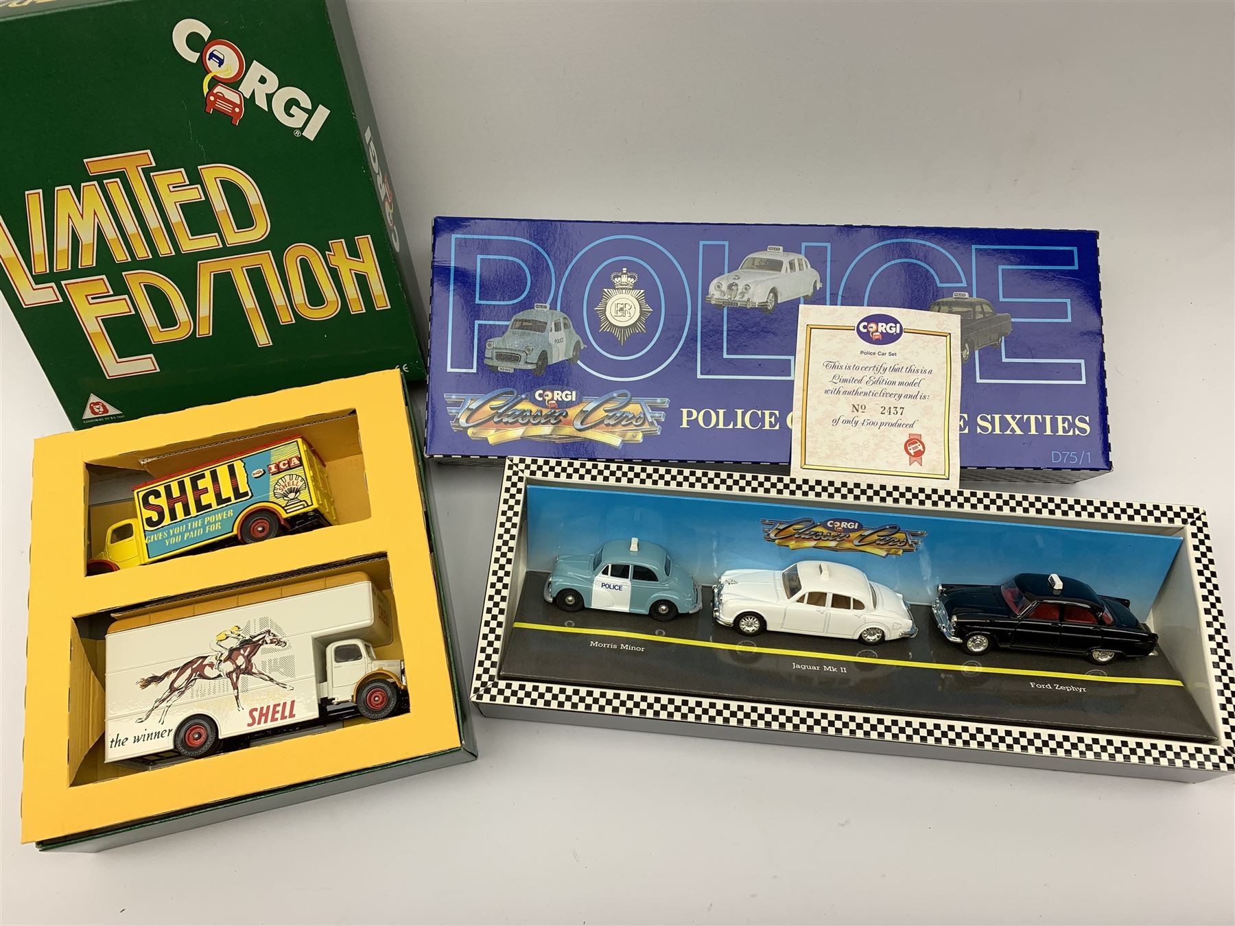 Corgi limited edition models - Transport of the 30s set; British Rail set; D72/1 Minors and Populars set; D75/1 Police Cars of the Sixties set; and five others D17/1, C26, 97084, 97086 and 97104; all mint and boxed with certificates (9)