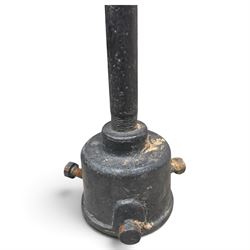 REVO Electric Co. Ltd., Tipton - early 20th century cast iron street lamp standard, the later hexagonal lantern with amber leaded glazing and pointed finial, supported on a swan-neck bracket above a ring-turned capital, tapering column and ladder rest, terminating in a moulded scrolling foliate-decorated base with lappet collar, stamped REVO

Provenance: formerly installed as street lighting in Prestwich, Greater Manchester