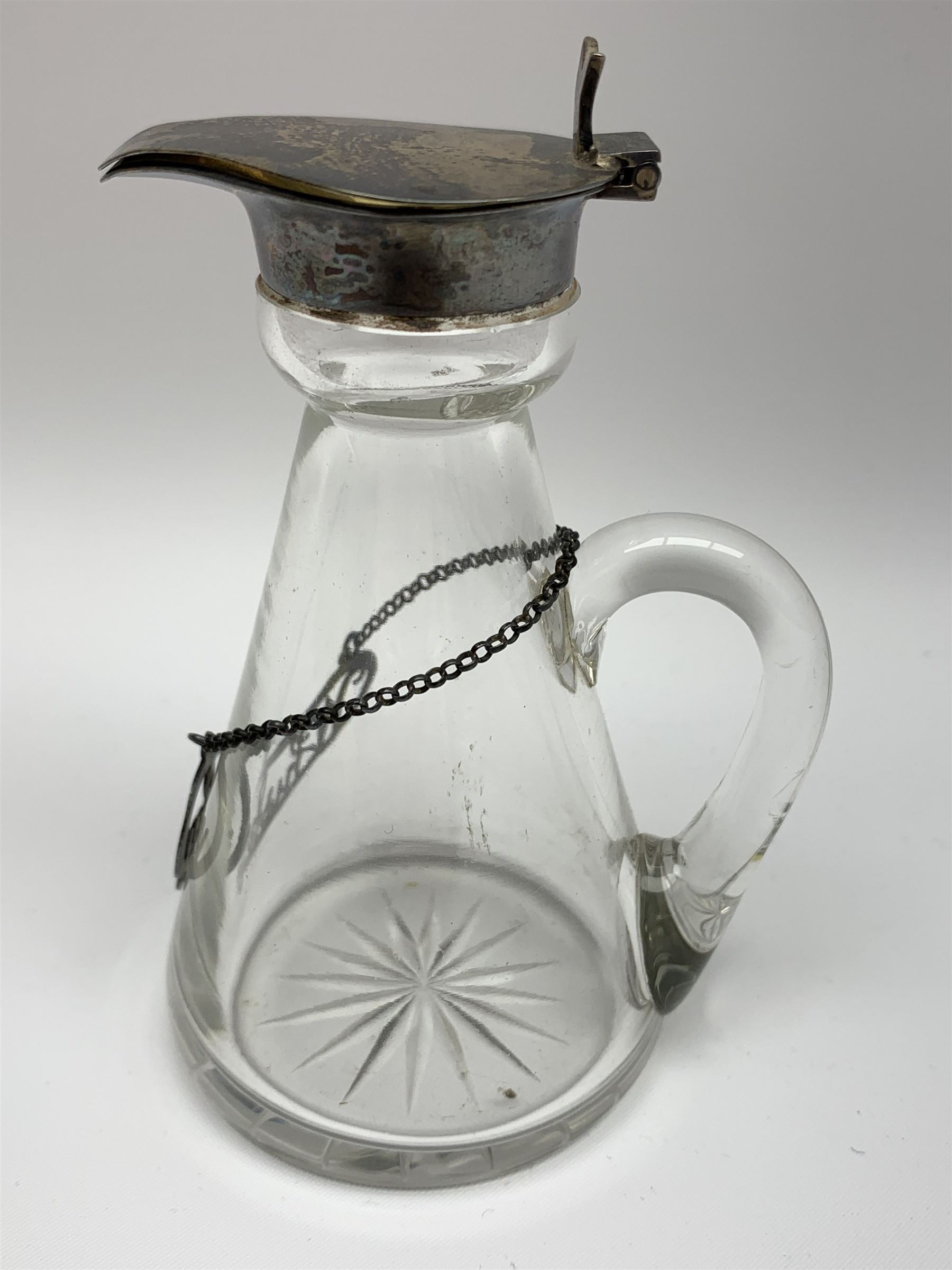 Edwardian silver mounted whisky noggin, of tapering cylindrical form with hinged flat cover, H11cm, together with a silver whisky label, each hallmarked Levi & Salaman, Birmingham 1909