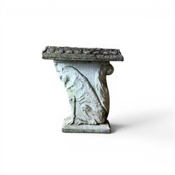 Weathered cast stone three piece garden bench, slab top raised on mythical creature supports
