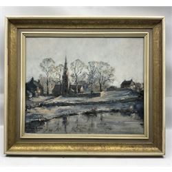William Burns (Northern British 1923-2010): 'Winter Scene', oil on board signed, titled verso 40cm x 50cm Provenance: Direct from the family of the artist.
Notes: Born in Sheffield in 1923, William Burns RIBA FSAI FRSA studied at the Sheffield College of Art before the outbreak of the Second World War, during which he helped illustrate the official War Diaries for the North Africa Campaign, and was elected a member of the Armed Forces Art Society. On his return, he studied architecture at Sheffield University and later ran his own successful practice, being a member of the Royal Institute of British Architects. However, painting had always been his self-confessed 'first love', and in the 1970s he gave up architecture to become a full-time artist, having his first one-man exhibition in 1979.