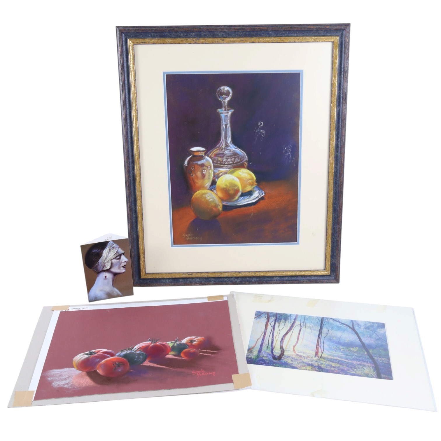 Lynda Robinson (Australian Contemporary): 'A Little Light Exercise' and Still Life of Tomatoes, two pastels signed, one titled verso max 37cm x 28cm; together with one print and one art card (4) (three unframed)