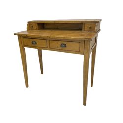 Pine dressing table/side table, raised back fitted with small drawers, rectangular top over two drawers, square tapering supports