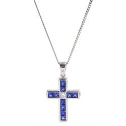 18ct white gold princess cut sapphire and diamond cross pendant necklace, the bail set with a single round brilliant cut diamond, hallmarked, total sapphire weight approx 1.80 carat