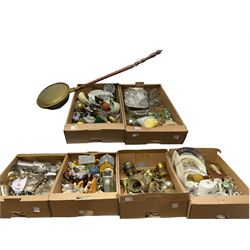 Large quantity of various ceramics to include Spode and Limoges, silver-plated and other metalware, brass, bed pan, glass ware, novelty teapots etc, in six boxes