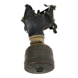WWII German armed forces gas mask, housed in the original issue tin, tin H27cm