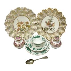 Georgian silver teaspoon, hallmarked Willaim Bateman, together with two Doulton Burslem Spanish Ware plates, decorated with floral sprigs and with pierced gilt borders, together with a pain of continental miniature urns and a Royal Worcester tea cup and saucer trio, plates D22cm