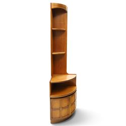 Nathan - 'Squares' open corner bookcases, with two adjustable shelves above an open recess with twin square panelled doors, raised on a plinth base