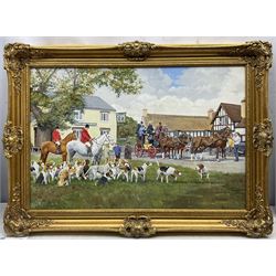 Reginald Llewellyn Harvey (British 1888-1973): 'Arriving at the Meet', oil on canvas signed, titled on label verso 49cm x 74cm 