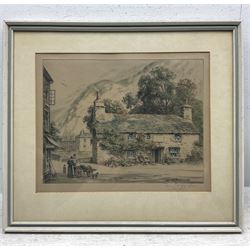 Henry George Walker (British 1876-1932): The Village Inn, etching with hand colouring; English School (Early 20th Century): Whitby Boats, watercolour unsigned; Hubert Ernest Bulmer (British 1874-1963): 'The Lodge - North Stainley Hall Nr Ripon', watercolour signed titled and dated 1948; John Cartmel Crossley (British 1933-?): 'The Road to Eglingham', watercolour signed, titled verso max 24cm x 34cm (4)
