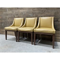 3 x walnut framed dining chairs, upholstered in a dark beige leather