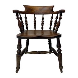 Victorian elm captains smokers bow chair, spindle turned tub shaped back, saddle seat, seat height 41cm