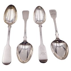 Four Victorian silver Fiddle pattern dessert spoons, comprising three examples hallmarked Robert Williams, Exeter 1840, and a single example hallmarked Robert Williams & Sons, Exeter 1852, approximate total weight 5.06 ozt (257.6 grams)