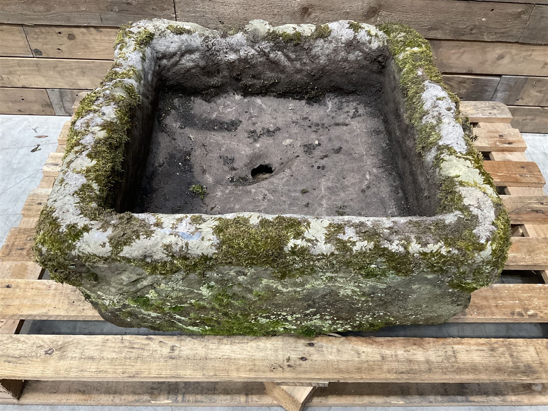 Large 19th century square weathered stone trough 