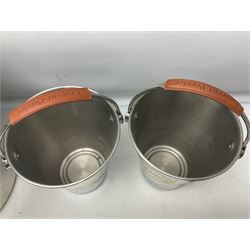 Stainless steel Laurent-Perrier champagne bucket, with engraved brass plaque and grip to swing handle, together with three matching smaller, largest D38cm (4)