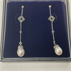 Two pairs of silver marcasite and pearl earrings, both stamped 925 and boxed 
