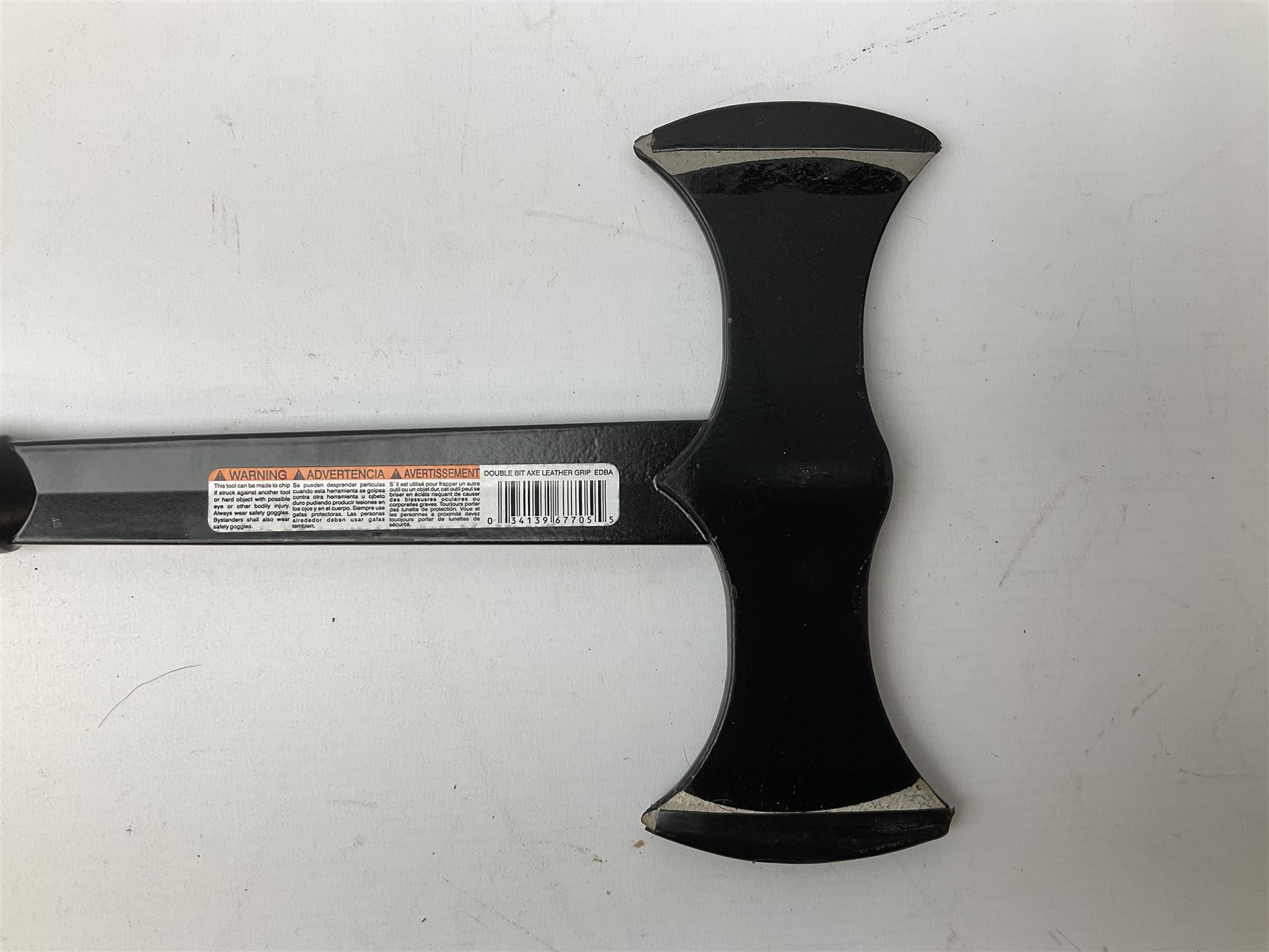 Estwing Black Eagle style double bit throwing axe with leather grip, virtually mint with labels present, plastic blade protectors and nylon sheath L43cm; another smaller Estwing axe stamped 24A to the pommel, with leather grip and sheath; and a vintage short handled hedge knife, the blade stamped IH (?) No.2 (3)