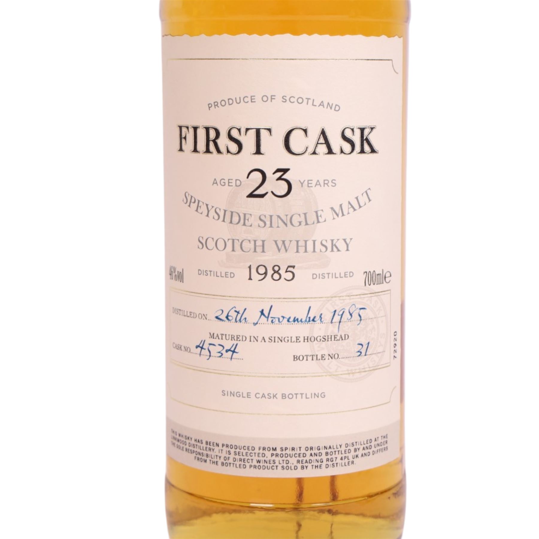 Linkwood, 23 year old Speyside single malt scotch whisky, 46% vol 700ml, First Cask; distilled 26th November 1985, from cask number 4534, bottle number 31, with certificate