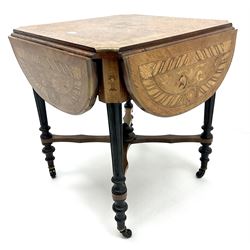 19th walnut and marquetry cross banded and inlaid table, turned and carved supports, ‘X’ shaped stretcher, raised on castors