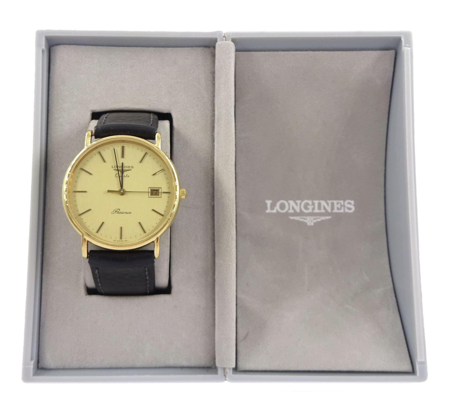 Longines Presence gentleman's gold-plated and stainless steel quartz wristwatch, champagne dial with baton hour markers and date aperture, on black leather strap, boxed