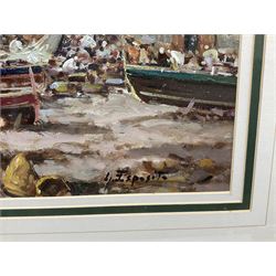 G Esposito (Italian 20th century): Panoramic Harbour Views, pair oils on canvas signed 17cm x 77cm (2)