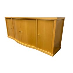 Large beech sideboard, fitted with double cupboard flanked by two cupboard doors