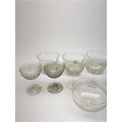 Seven 19th century and later double lip glass rinsers of various design, together with a pair of Edwardian cut glass finger bowls, and four Edwardian champagne glasses with engraved decoration. 