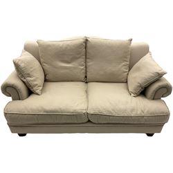 Two seat sofa, upholstered in beige linen fabric